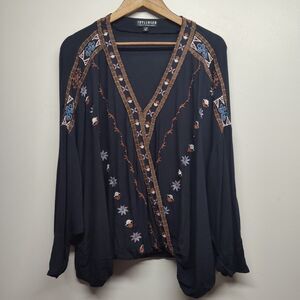 Indillwind Blouse Top Women Size L Black Embroidered Long Sleeve V-Neck Boho